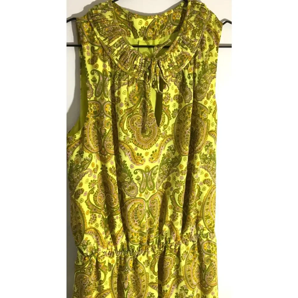 Banana Republic Women's Size Medium Yellow & Pink Paisley Pleated Neck Dress